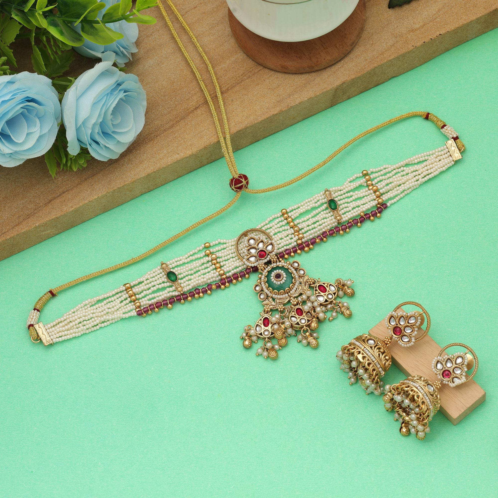 Rama Green Color Choker Matte Gold Necklace Set Stylish Ethnic Festive Jewelry Design - Rama Green
