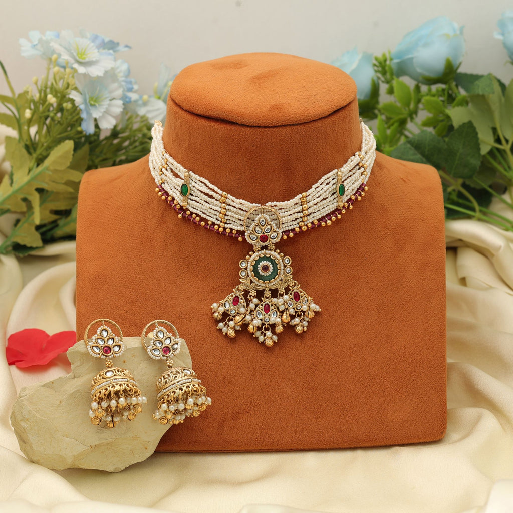 Rama Green Color Choker Matte Gold Necklace Set Stylish Ethnic Festive Jewelry Design - Rama Green