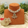 Rama Green Color Choker Matte Gold Necklace Set Stylish Ethnic Festive Jewelry Design - Rama Green