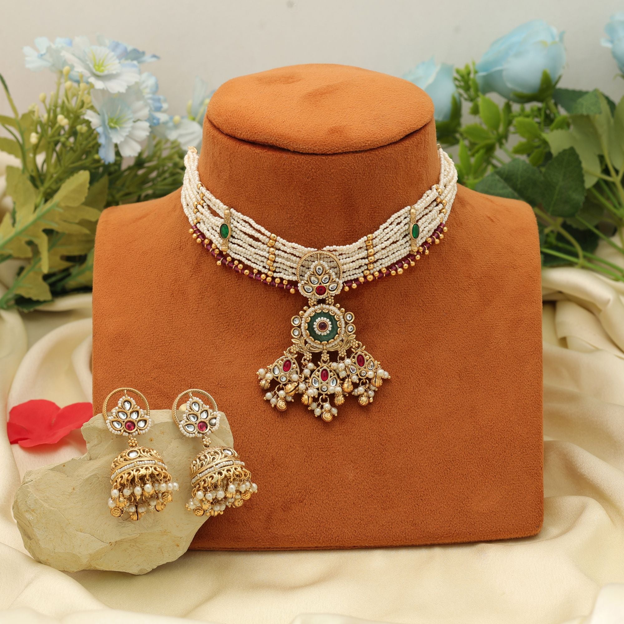Rama Green Color Choker Matte Gold Necklace Set Stylish Ethnic Festive Jewelry Design - Rama Green