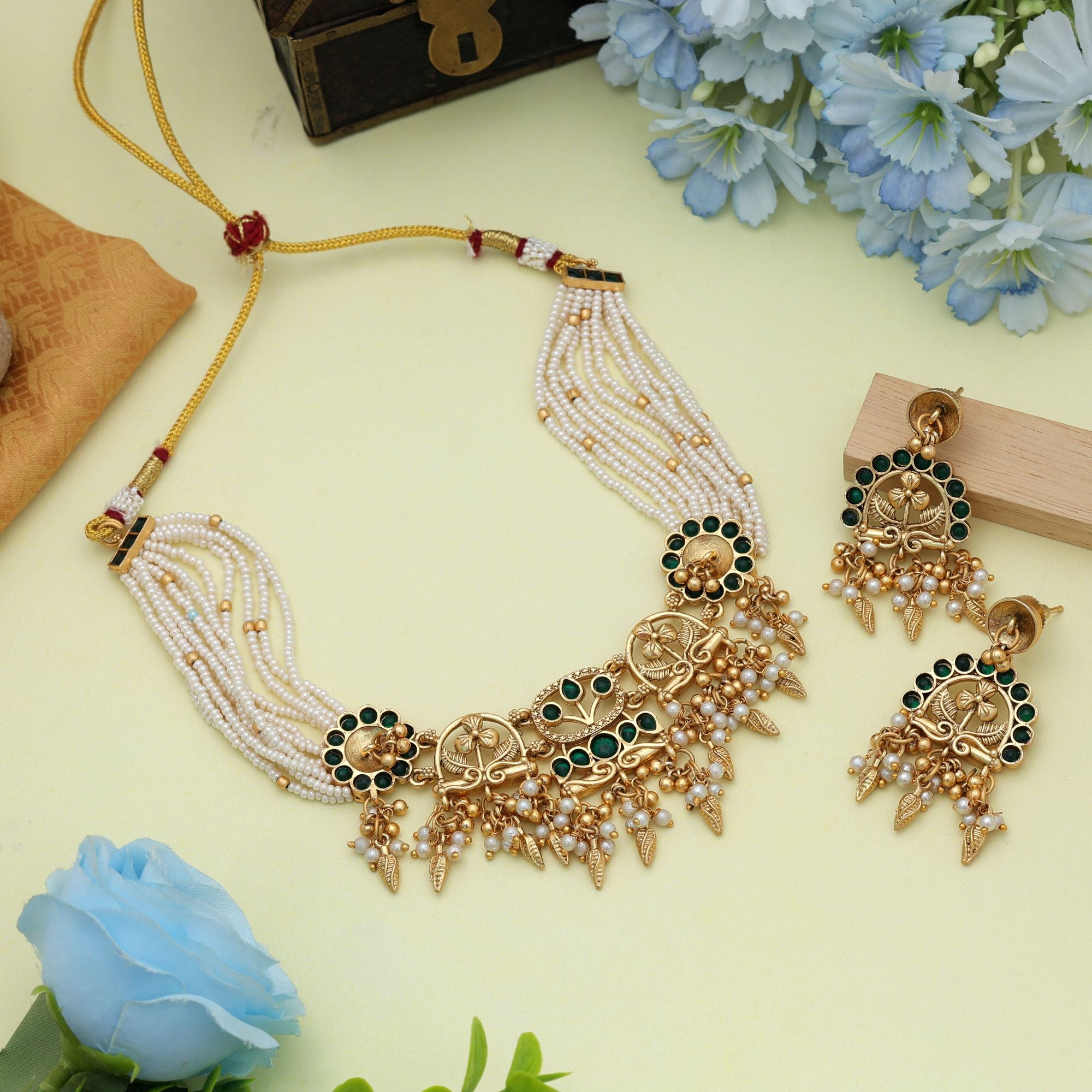 Green Color Choker Matte Gold Necklace Set Elegant Traditional Daily Wear Jewelry - Green