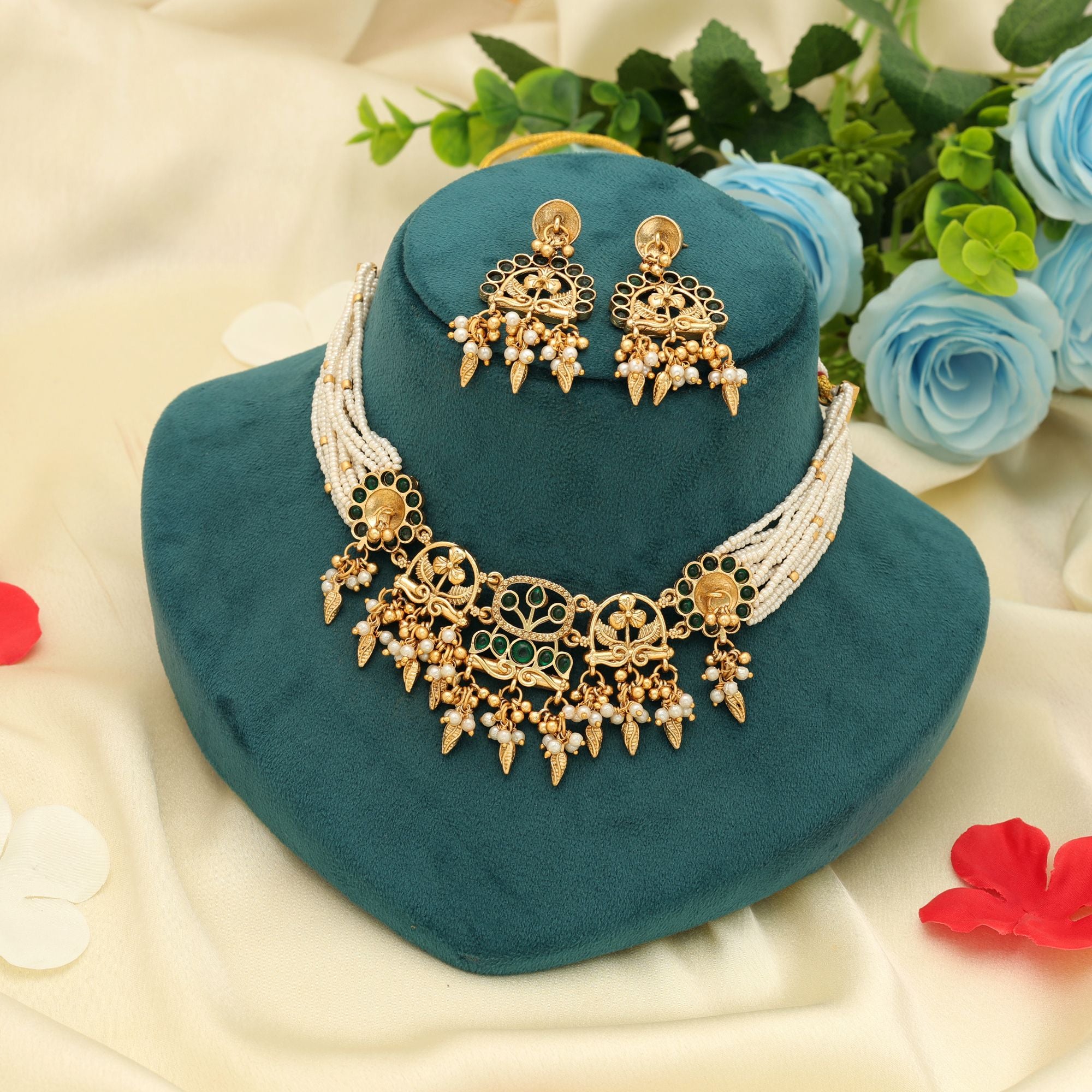 Green Color Choker Matte Gold Necklace Set Elegant Traditional Daily Wear Jewelry - Green