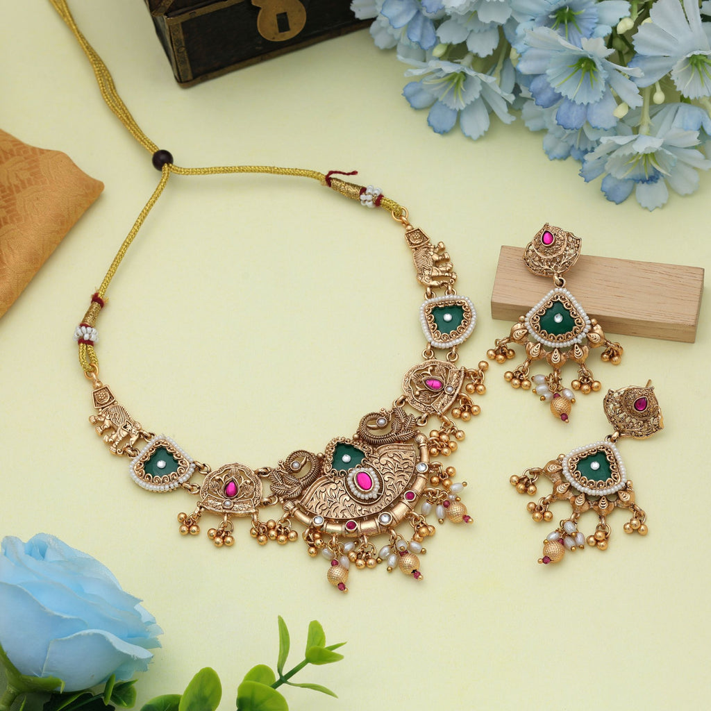 Rani & Green Color Matte Gold Necklace Set Classic Bridal Ethnic Jewelry Collection - Rani & Green