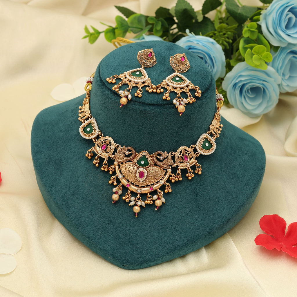 Rani & Green Color Matte Gold Necklace Set Classic Bridal Ethnic Jewelry Collection - Rani & Green