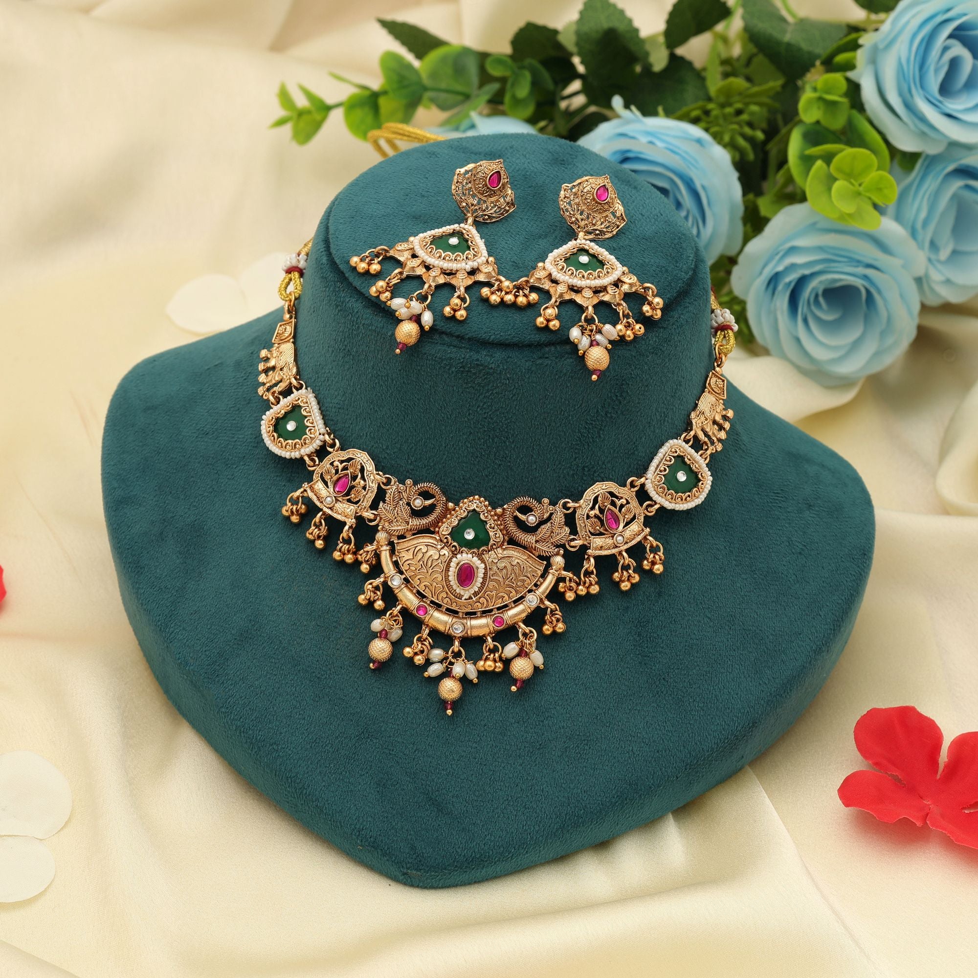 Rani & Green Color Matte Gold Necklace Set Classic Bridal Ethnic Jewelry Collection - Rani & Green