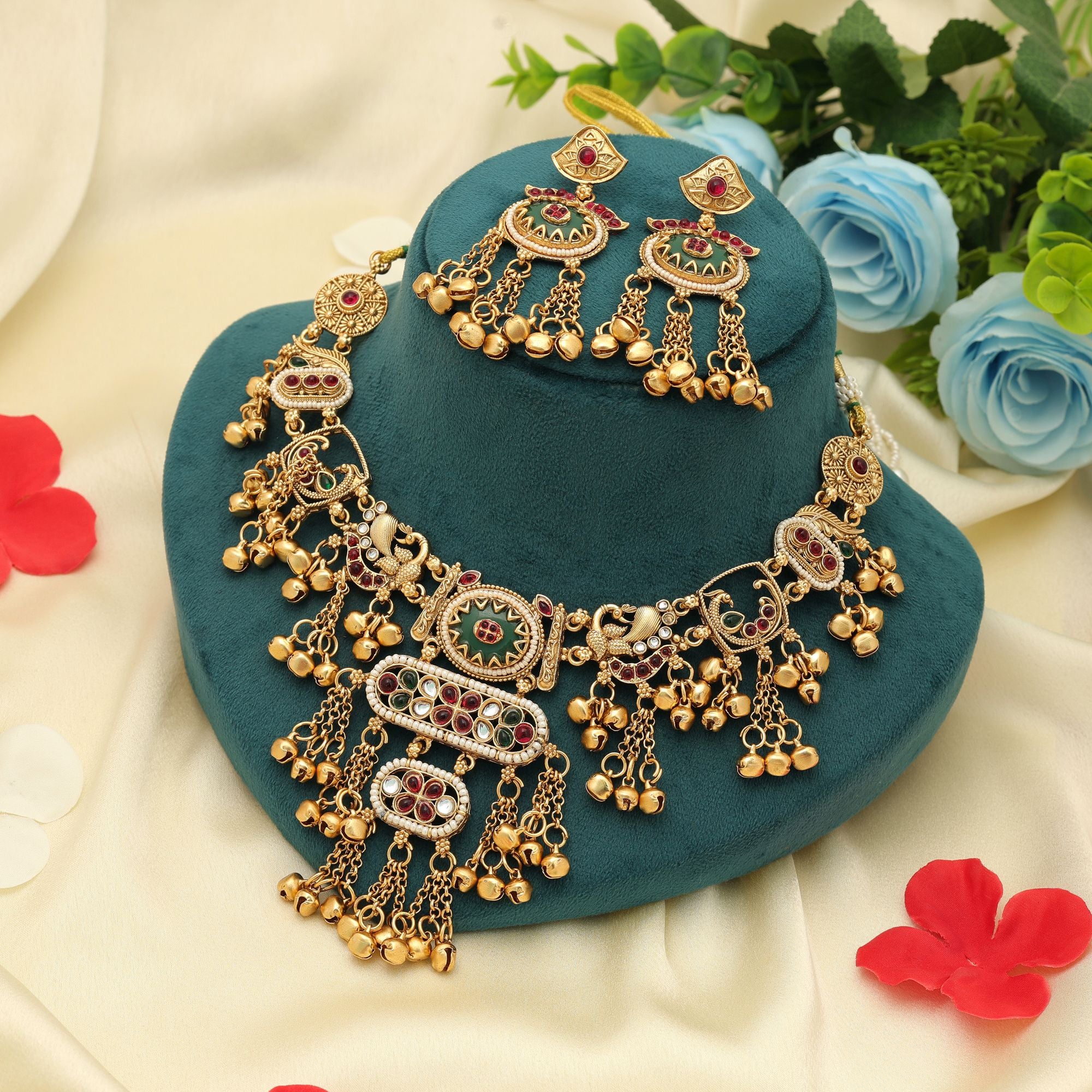 Rani & Green Color Matte Gold Necklace Set Elegant Festive Party Wear Jewelry - Rani & Green