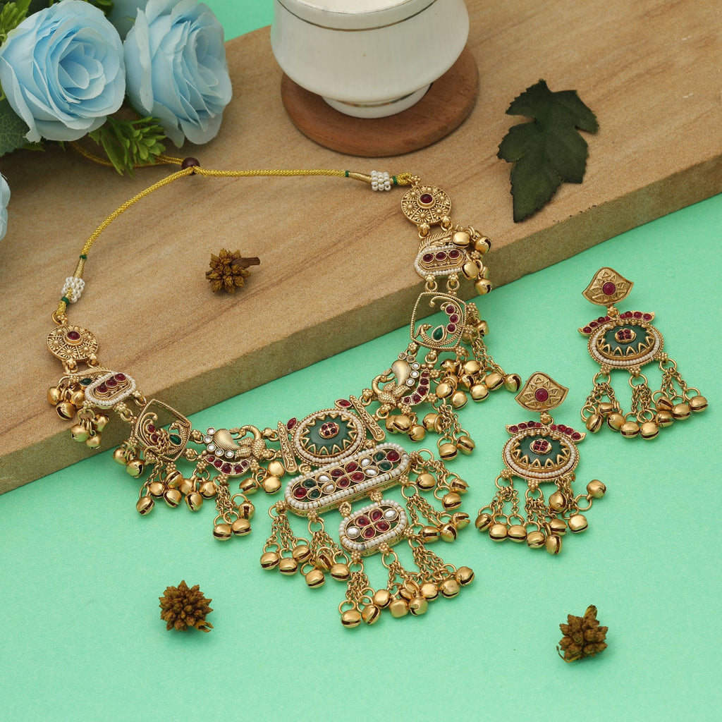 Rani & Green Color Matte Gold Necklace Set Elegant Festive Party Wear Jewelry - Rani & Green