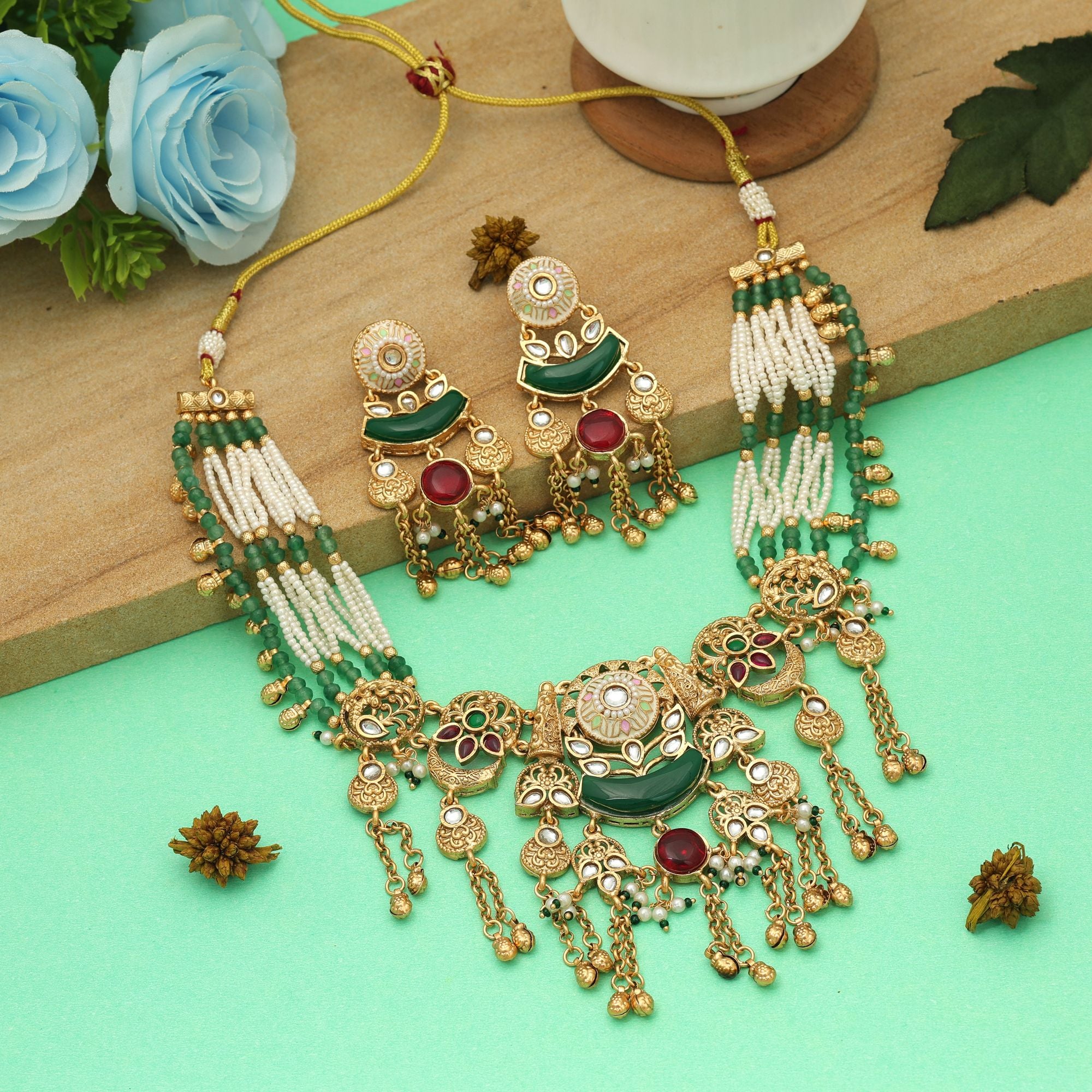 Maroon & Green Color Matte Gold Necklace Set Traditional Bridal Statement Jewelry - Maroon & Green