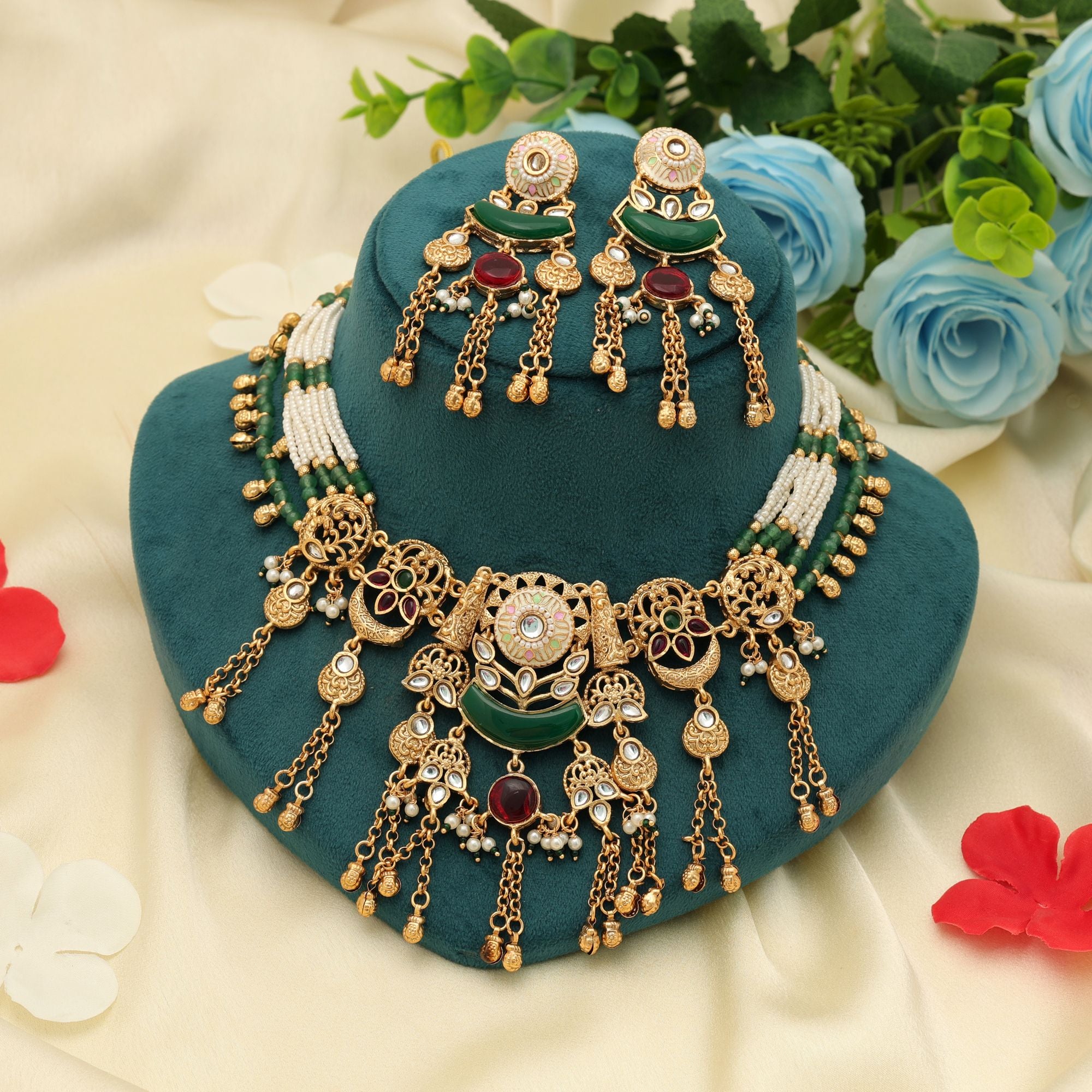 Maroon & Green Color Matte Gold Necklace Set Traditional Bridal Statement Jewelry - Maroon & Green