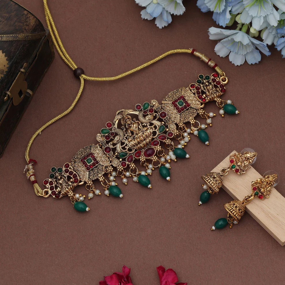 Stylish Choker Lord Laxmi Temple Necklace Set For Festive Wear