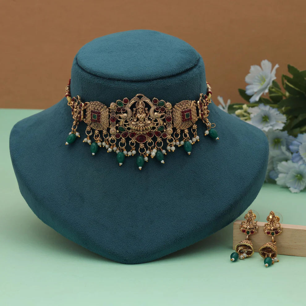 Stylish Choker Lord Laxmi Temple Necklace Set For Festive Wear