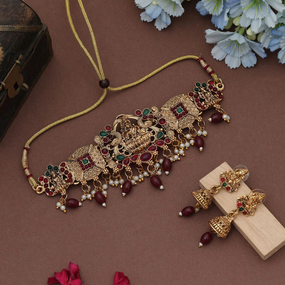Stylish Choker Lord Laxmi Temple Necklace Set For Festive Wear