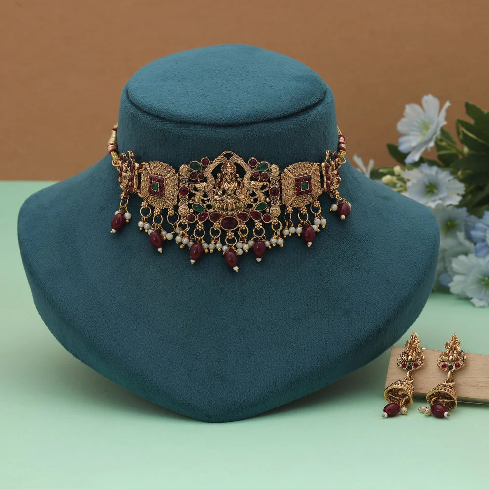 Stylish Choker Lord Laxmi Temple Necklace Set For Festive Wear