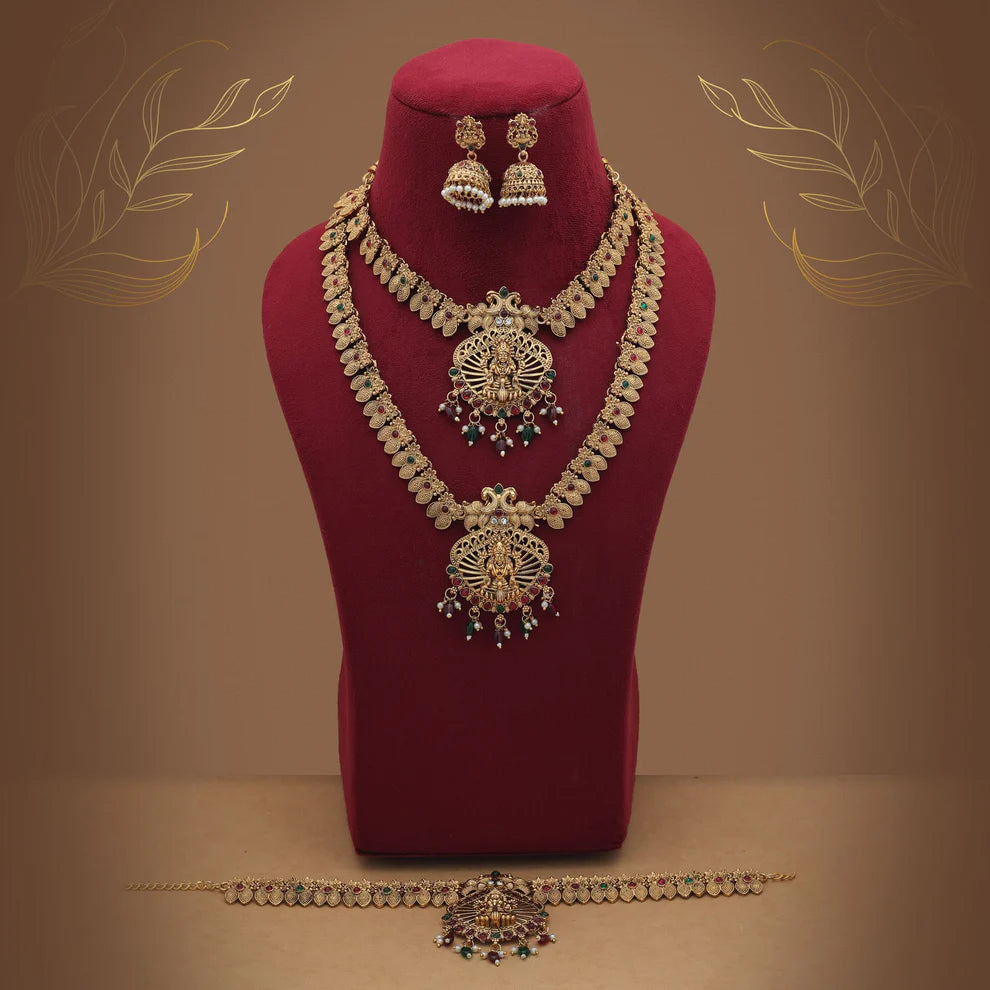 Traditional Maroon & Green Color Lord Laxmi Long Temple Necklace Set Artwork