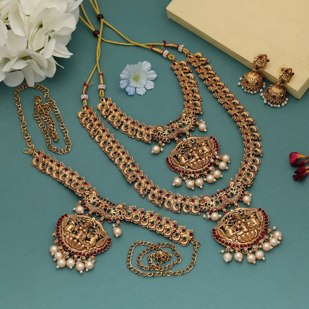 Stylish Maroon & Green Color Lord Laxmi Long Temple Necklace Set Bridal Wear