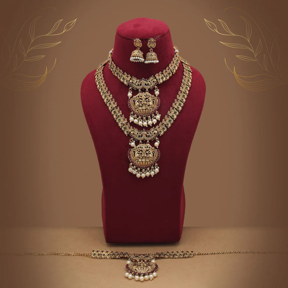 Stylish Maroon & Green Color Lord Laxmi Long Temple Necklace Set Bridal Wear