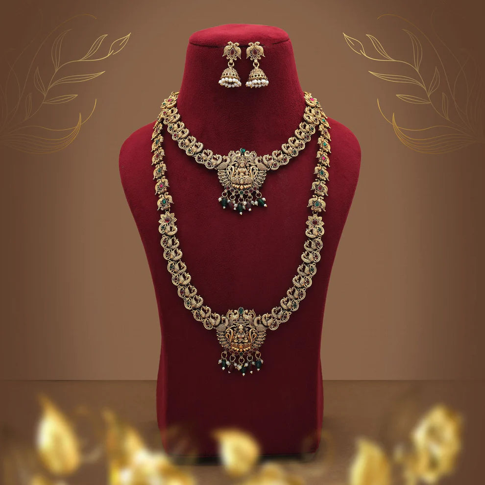 Antique Maroon & Green Color Lord Laxmi Long Temple Necklace Set Design