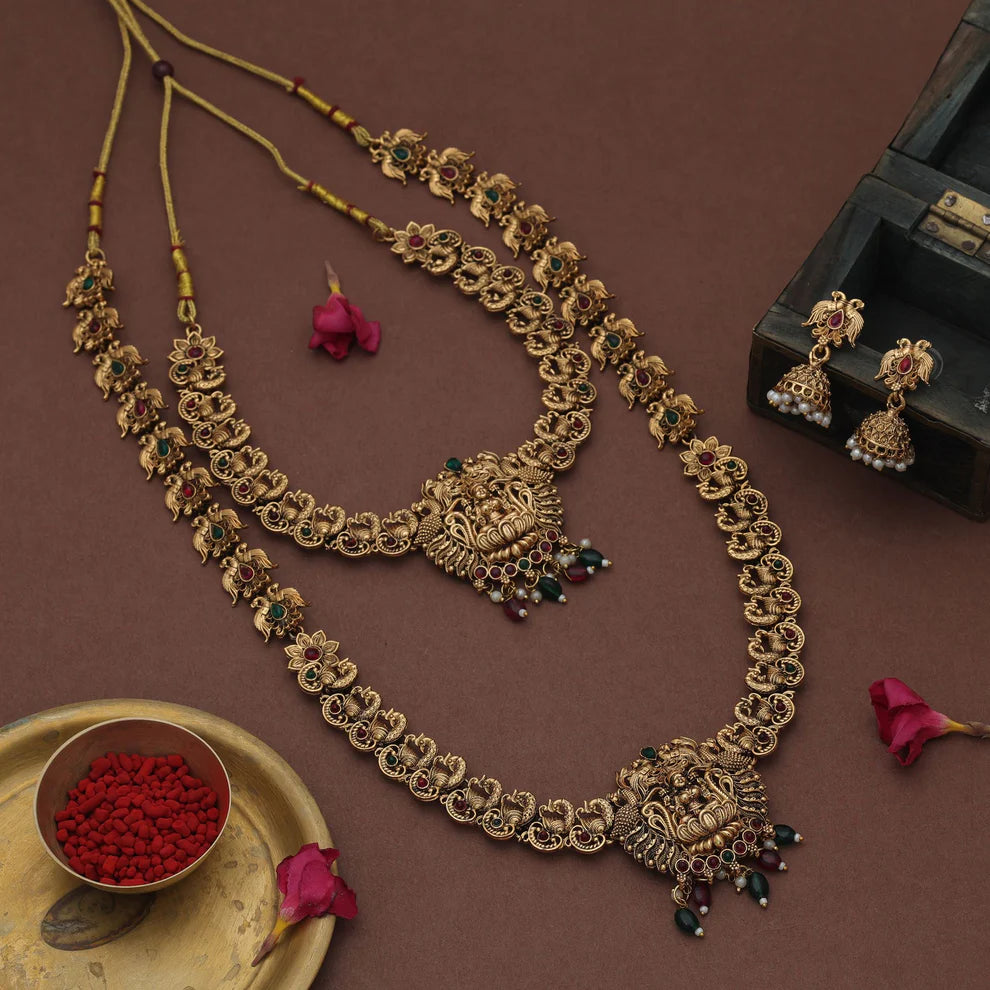 Antique Maroon & Green Color Lord Laxmi Long Temple Necklace Set Design