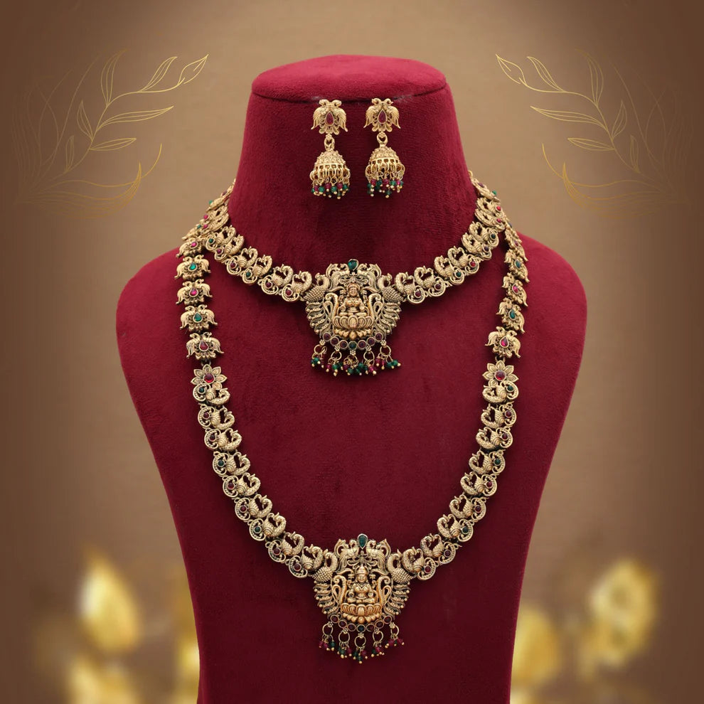 Graceful Maroon & Green Color Lord Laxmi Long Temple Necklace Set Ethnic Wear