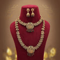 Graceful Maroon & Green Color Lord Laxmi Long Temple Necklace Set Ethnic Wear