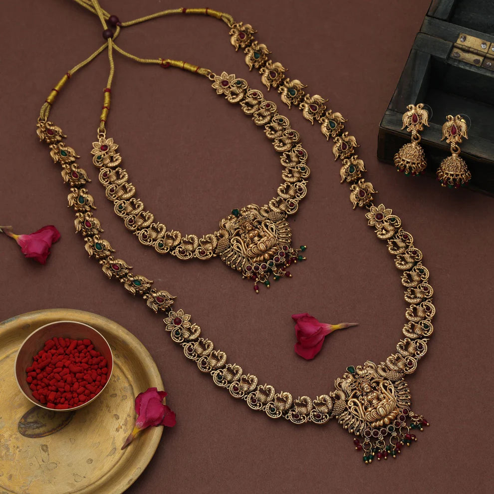Graceful Maroon & Green Color Lord Laxmi Long Temple Necklace Set Ethnic Wear