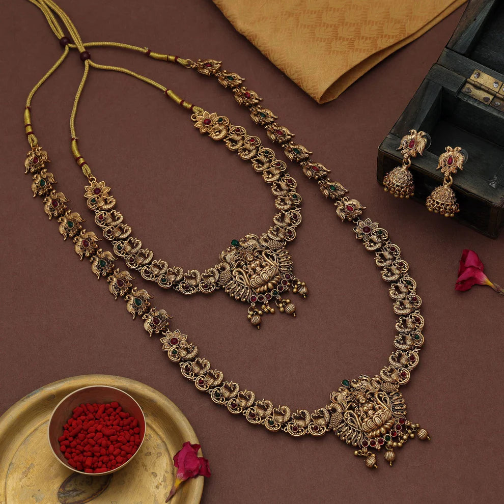 Designer Maroon & Green Color Lord Laxmi Long Temple Necklace Set Collection