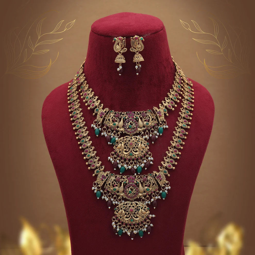Antique Maroon & Green Color Lord Laxmi Long Temple Necklace Set Artwork