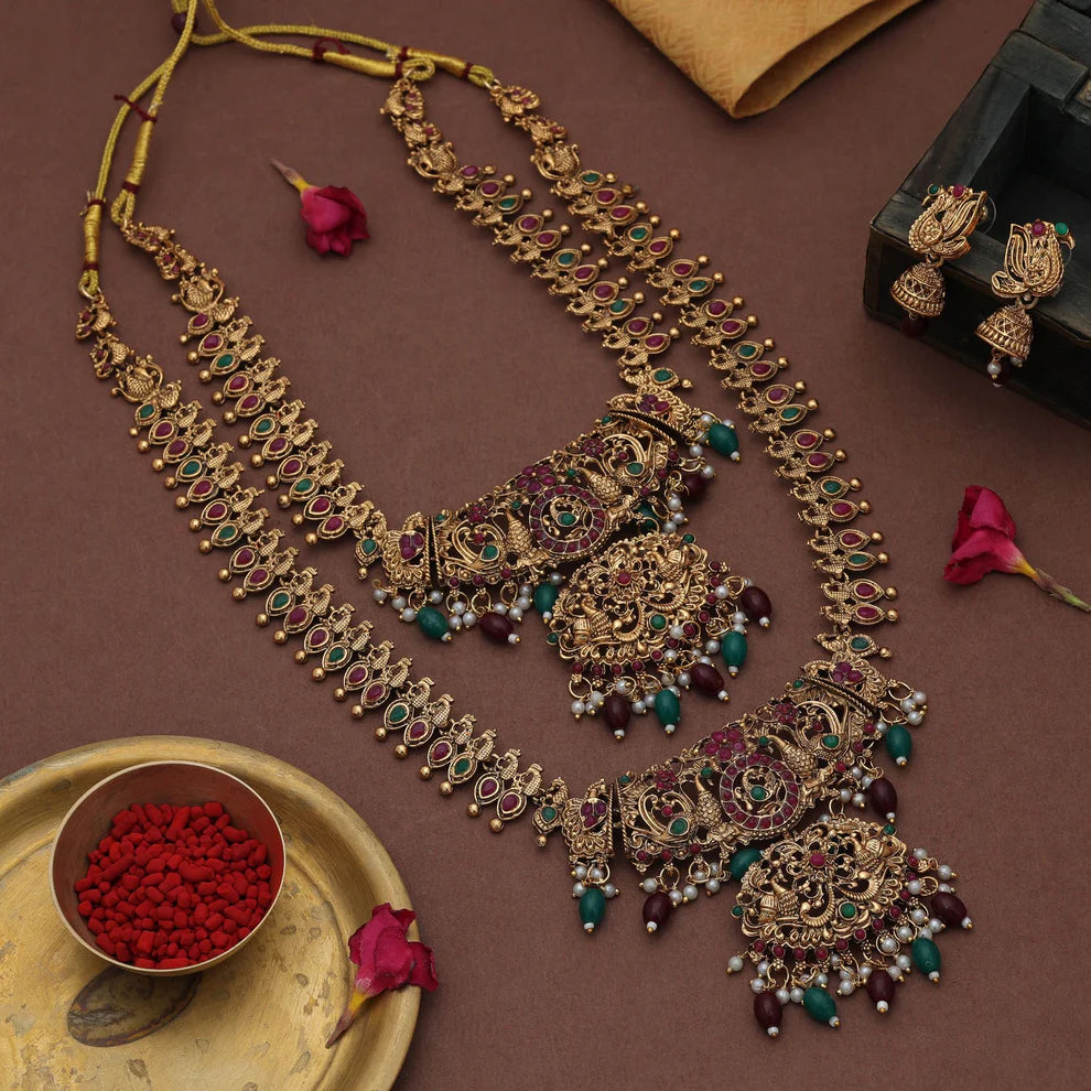 Antique Maroon & Green Color Lord Laxmi Long Temple Necklace Set Artwork