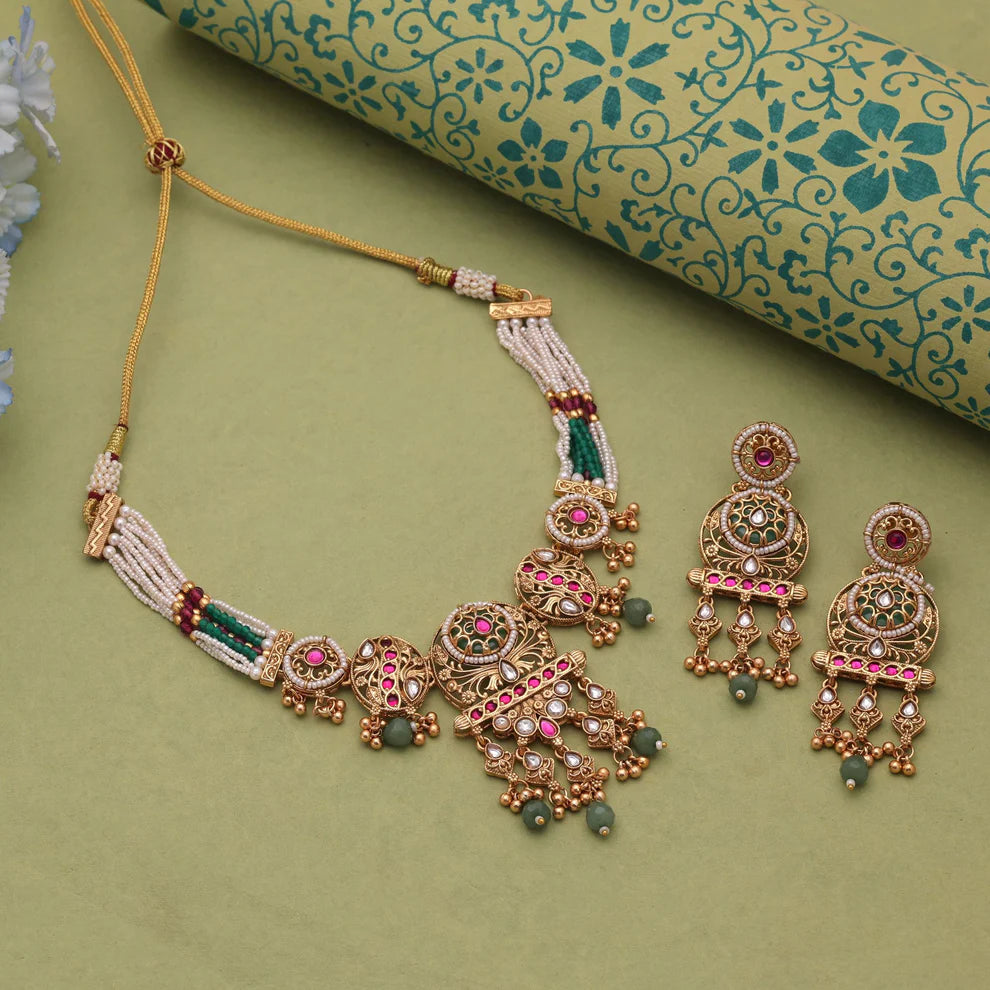 Multi Color Kundan Necklace Set with Elegant Matte Gold Choker Finish