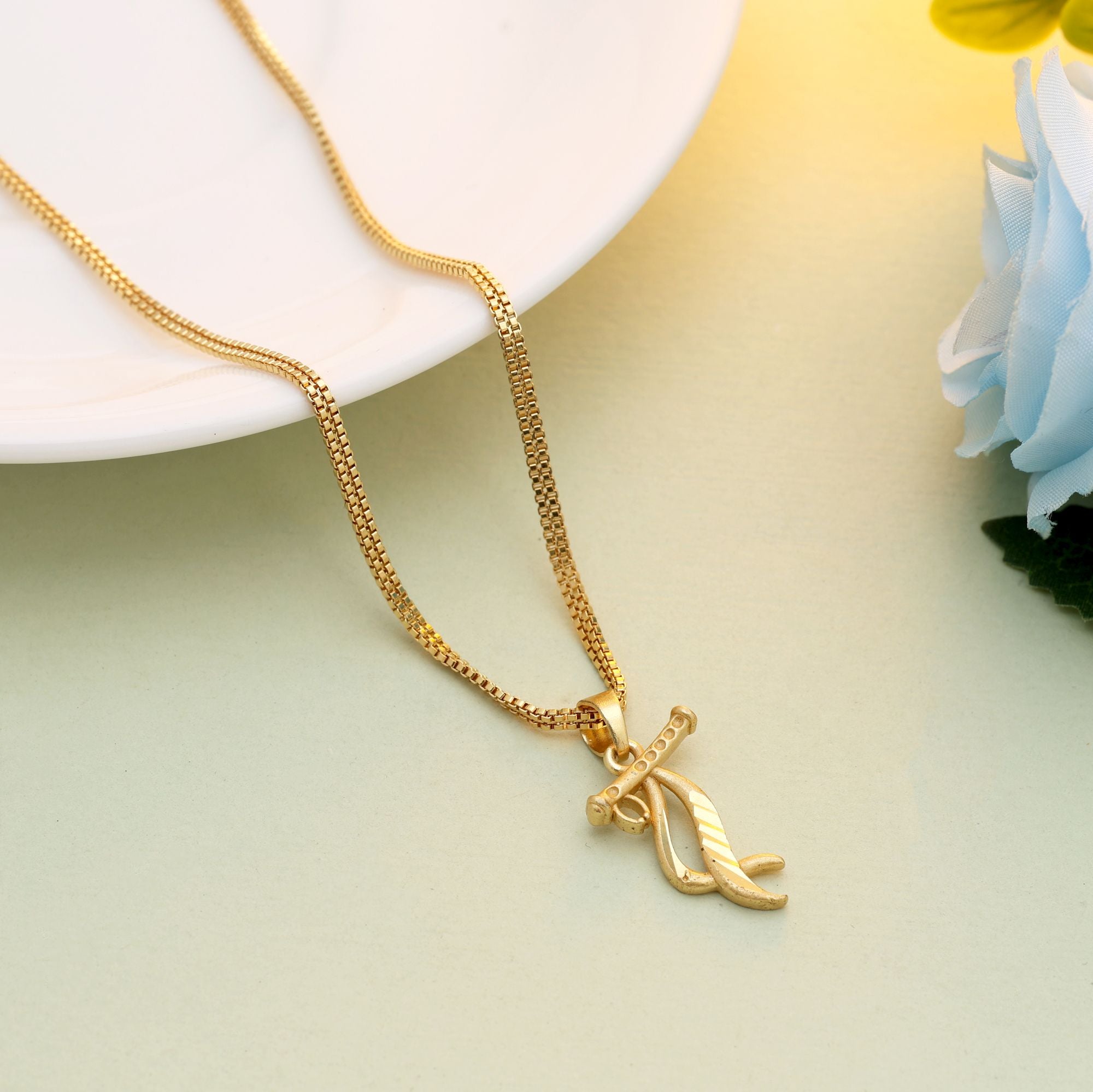Gold Color Chain Pendant Inspired Shri Krishna Flute Design For Cultural Wear - Gold