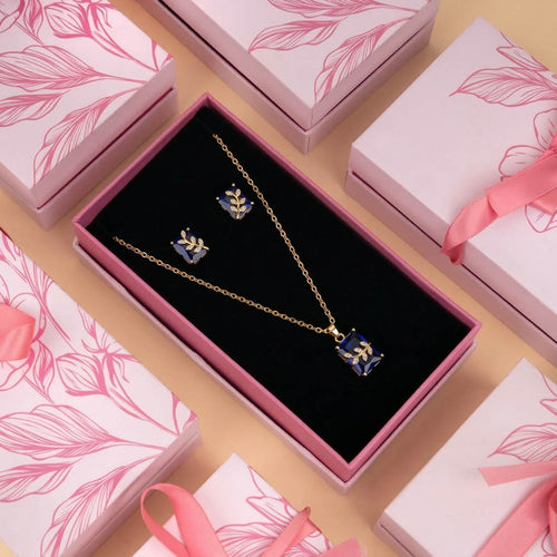 Blue Color Elegant Chain Pendant With Earring And Matte Gold Necklace Set Appeal