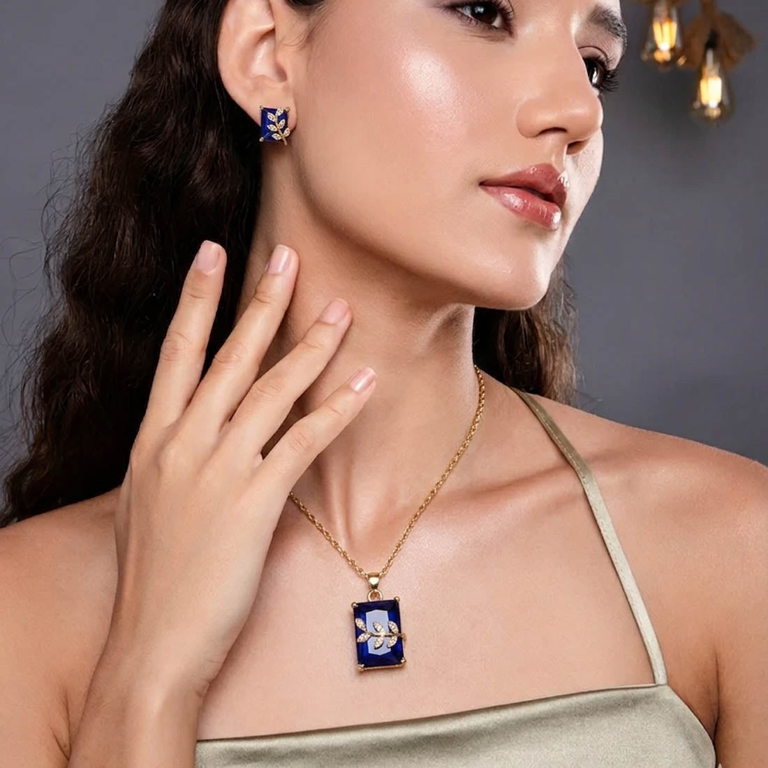 Blue Color Elegant Chain Pendant With Earring And Matte Gold Necklace Set Appeal