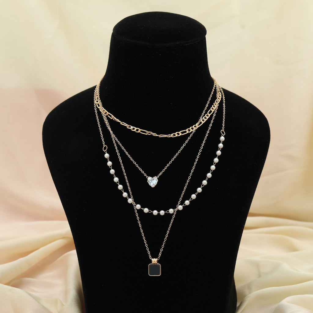 Black Color Multi Layer Chain Necklace Bold Modern Statement Jewelry - Black