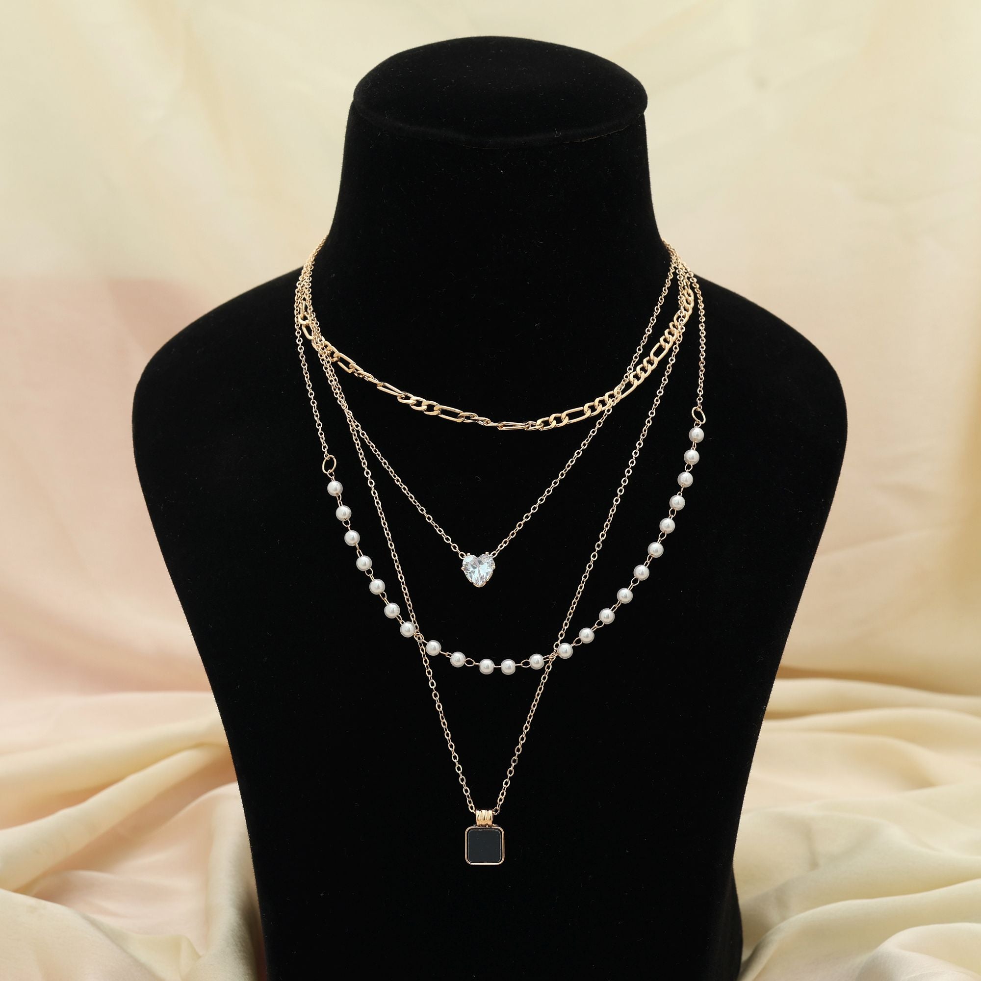 Black Color Multi Layer Chain Necklace Bold Modern Statement Jewelry - Black
