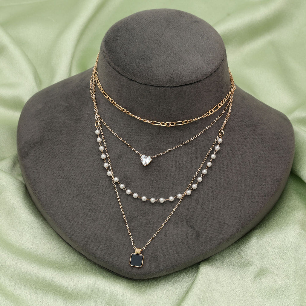 Black Color Multi Layer Chain Necklace Bold Modern Statement Jewelry - Black
