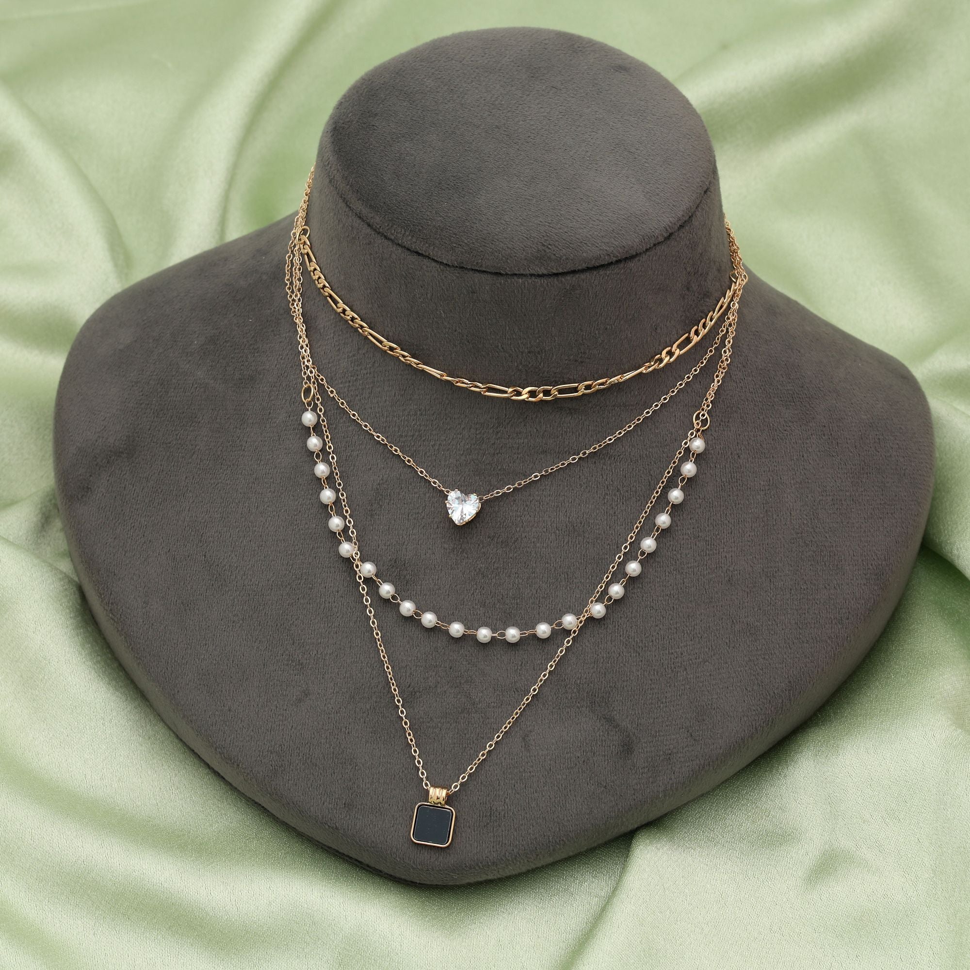 Black Color Multi Layer Chain Necklace Bold Modern Statement Jewelry - Black