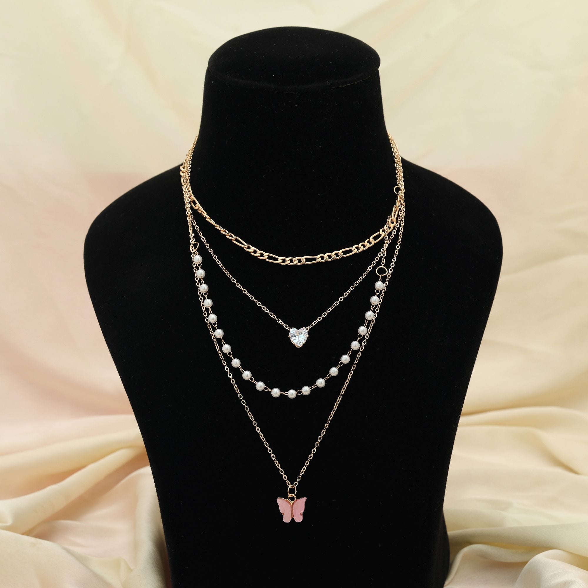 Pink Color Multi Layer Chain Necklace Elegant Feminine Fashion Jewelry - Pink