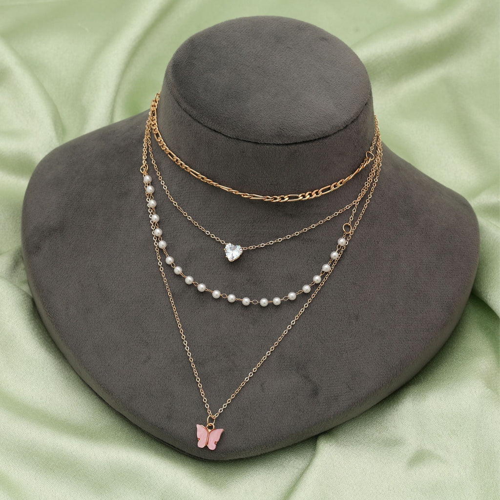 Pink Color Multi Layer Chain Necklace Elegant Feminine Fashion Jewelry - Pink