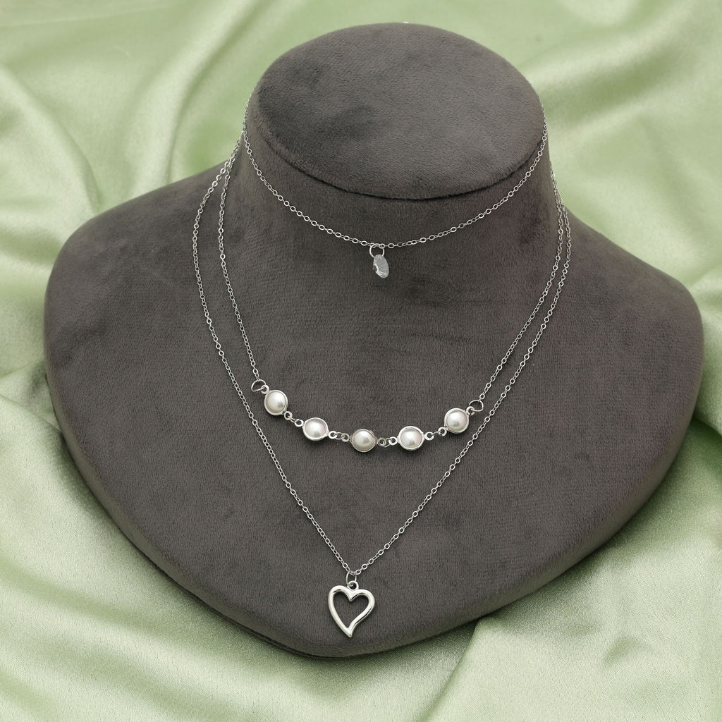 Silver Color Multi Layer Chain Necklace Classic Modern Layered Jewelry - Silver