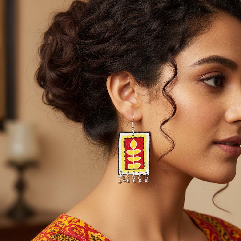 Red & Yellow Color Wooden Handcraft Earrings With Vibrant Multitone Boho Style Handmade Patterns - Red & Yellow