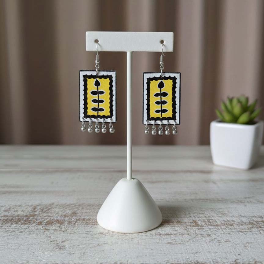 Yellow & Black Color Wooden Handcraft Earrings Featuring Contemporary Tribal Inspired Handmade Art - Yellow & Black