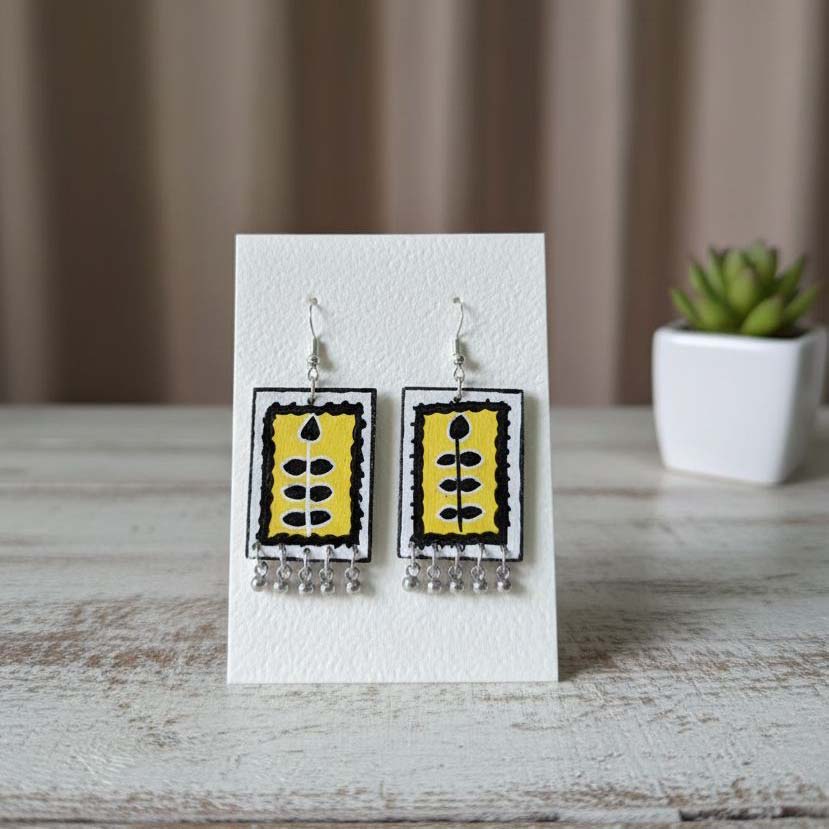 Yellow & Black Color Wooden Handcraft Earrings Featuring Contemporary Tribal Inspired Handmade Art - Yellow & Black