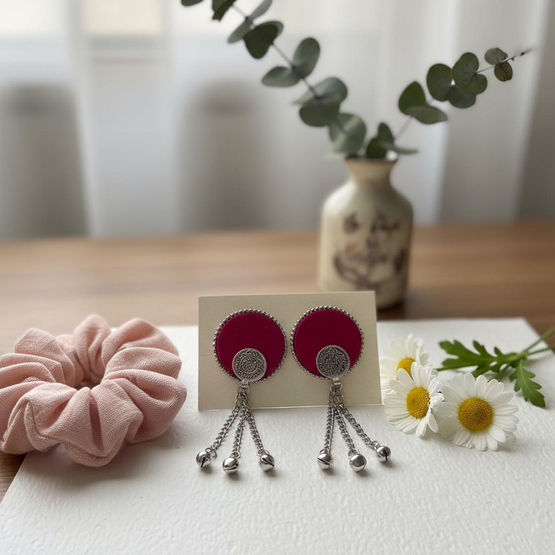 Peach Color Wooden Handcraft Earrings With Elegant Traditional Art Design