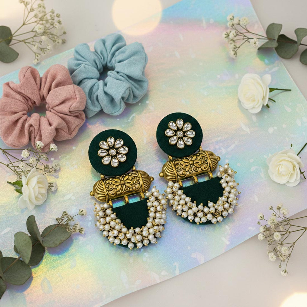 Green Color Wooden Handcraft Earrings With Nature Inspired Ethnic Design - Green