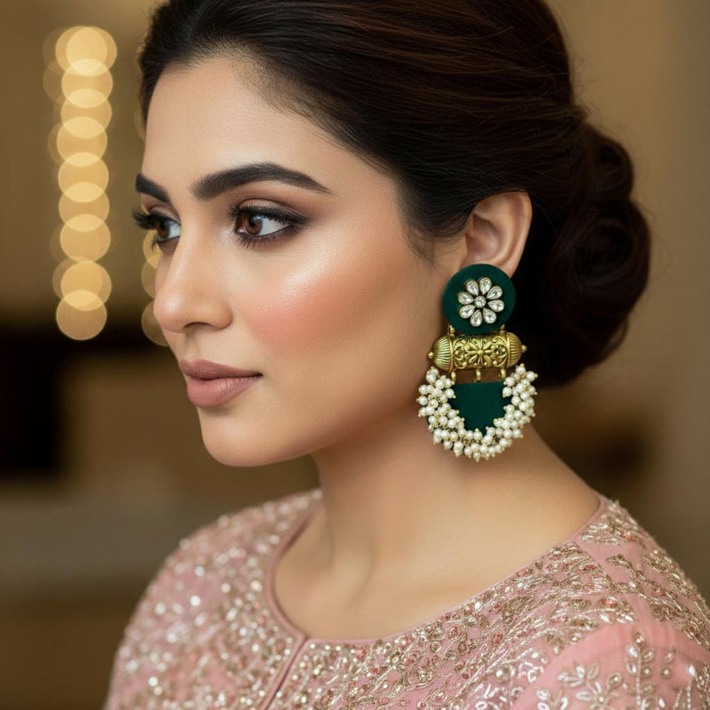 Green Color Wooden Handcraft Earrings With Nature Inspired Ethnic Design - Green
