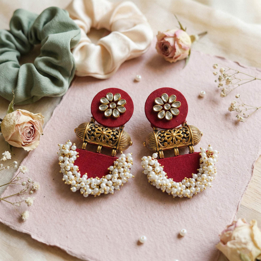 Maroon Color Wooden Handcraft Earrings Classic Festive Ethnic Statement Jewelry Collection Design - Maroon