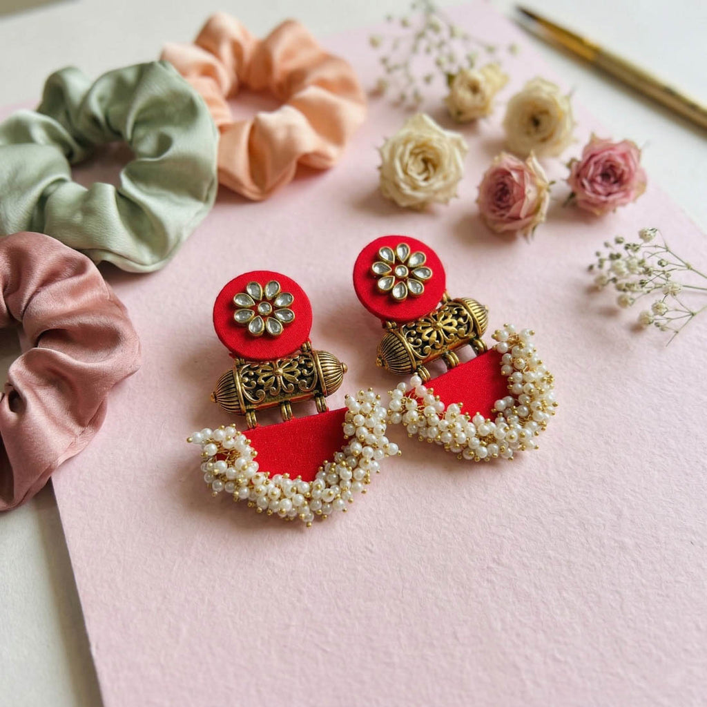 Red Color Wooden Handcraft Earrings Elegant Traditional Ethnic Party Wear Jewelry Design - Red