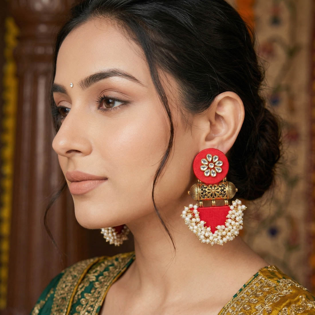 Red Color Wooden Handcraft Earrings Elegant Traditional Ethnic Party Wear Jewelry Design - Red