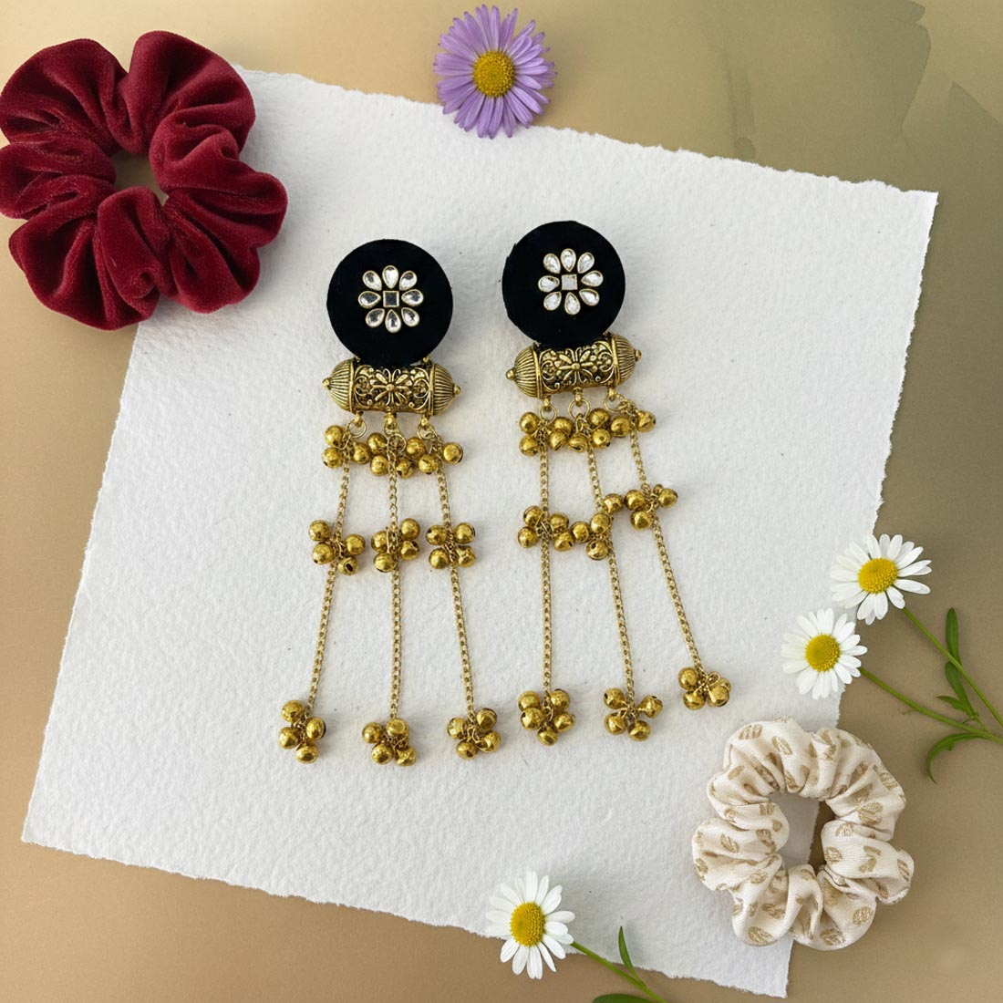 Black Color Wooden Handcraft Kashmiri Earrings With Bold Traditional Detailing - Black