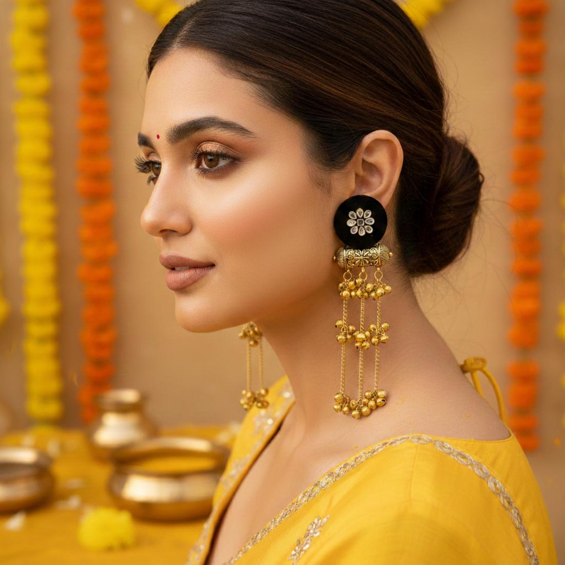 Black Color Wooden Handcraft Kashmiri Earrings With Bold Traditional Detailing - Black
